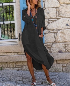 KOSZULA BOHO LETNIA SUKIENKA PAREO NARZUTKA DŁUGA PLAŻOWA na plażę BLACK