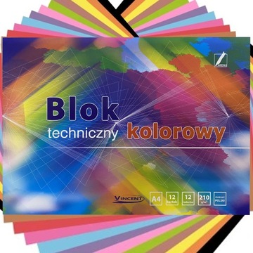 BLOK TECHNICZNY KOLOROWY Z KOLOROWYMI KARTKAMI KRESKA VINCENT A4 12k 210g/m