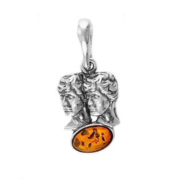 SREBRNY wisiorek BLIŹNIĘTA znak zodiaku SREBRO 925 z BURSZTYNEM łańcuszek