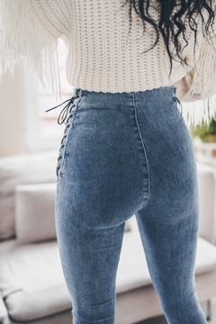 Jeansowe spodnie damskie tregginsy z wiązaniem po bokach wysoki stan ZIP L