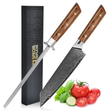 ПРОФЕССИОНАЛЬНЫЙ ЯПОНСКИЙ ШЕФ-НОЖ ДАМАСКСКАЯ СТАЛЬ + НОЖ ДЛЯ ЗАТОЧКИ YD201-22