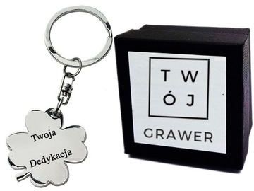 Brelok Metalowy Koniczynka do Kluczy Grawer + ETUI