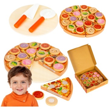 DREWNIANA PIZZA DO KROJENIA DLA DZIECKA ZABAWKA NA RZEPY ZESTAW XXL 27 EL.
