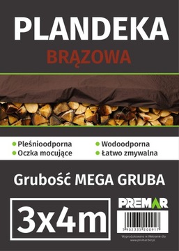 PLANDEKA 3X4 BRĄZOWA SUPER MOCNA OKRYCIOWA WODOODPORNA Z OCZKAMI