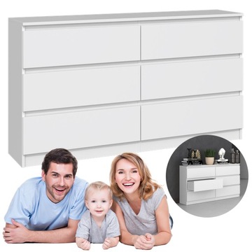 KOMODA 140 CM BIAŁA BIEL DO SYPIALNI SALONU SZAFKA Z SZUFLADAMI 6 SZUFLAD