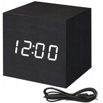 ZEGAR BUDZIK ELEKTRONICZNY DREWNIANY LED TERMOMETR
