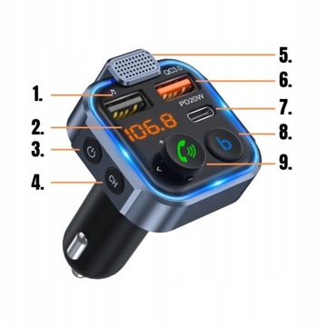 АУДИОПЕРЕДАТЧИК BLUETOOTH FM MP3 BT БЫСТРОЕ ЗАРЯДНОЕ УСТРОЙСТВО 3X USB QC 3.0 RGB