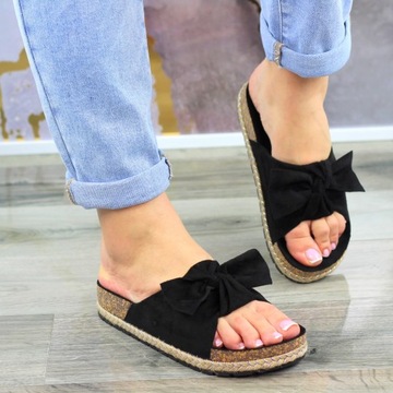 ТАПОЧКИ ИЗ ЗАМШИ ОДНОПРИЛЬНЫЕ ЖЕНСКИЕ НА ПРОБКЕ С БАНТОМ ЧЕРНЫЕ 37