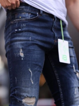 SPODNIE JEANSOWE MĘSKIE WYTARCIA MODNE i8 Denim Skinny Ciemne Niebieskie 31