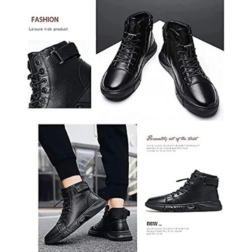 Męskie włoskie, wysokie, codzienne, skórzane buty Martin, czarne botki na platformie