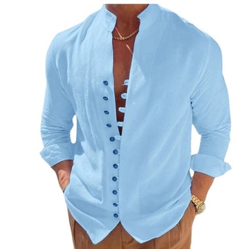 Bavlnená modrá pánska košeľa s ozdobnými gombíkmi a stojačikom elegantná