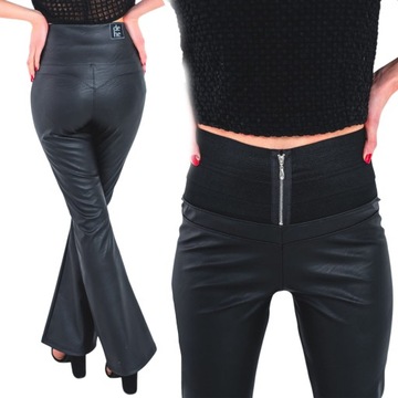 Czarne damskie spodnie z eko skóry eleganckie dzwony z gumą w pasie XL