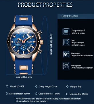 Мужские наручные часы с хронографом и календарем LIGE,