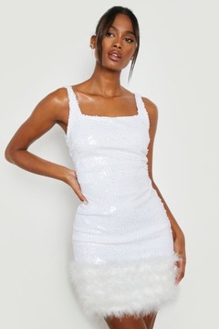 Boohoo biała cekinowa sukienka z piórami 36