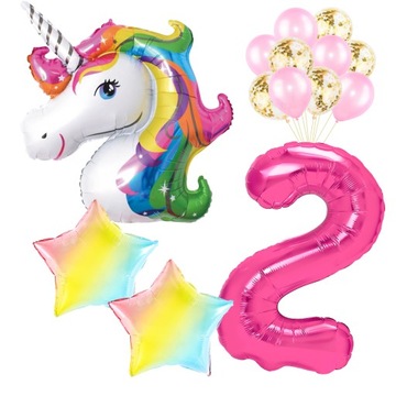 Balony cyfra 2 dwa RÓŻOWE JEDNOROŻEC unicorn tęcza