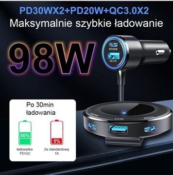 Bardzo mocna ładowarka samochodowa do telefonu 5w1 98W
