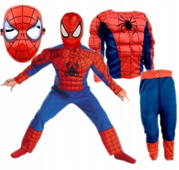 STRÓJ SPIDERMAN Maska TRZYCZĘŚCIOWY Zestaw SPODNIE BLUZKA MIĘŚNIE 104-110 S