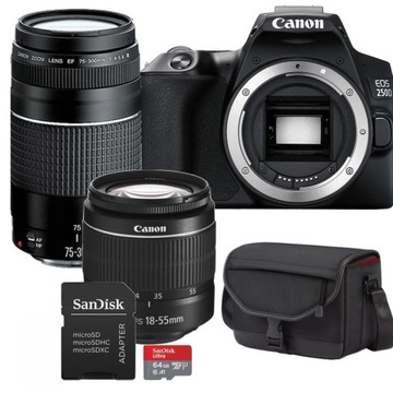 APARAT CANON 250D + 18-55 DC III + 75-300 DC III + KARTA + TORBA