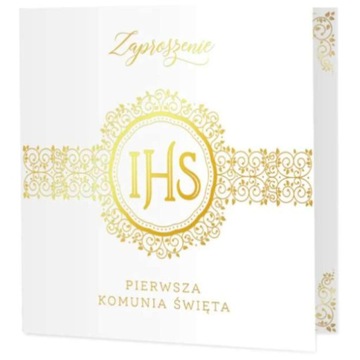 KOMUNIA ŚWIĘTA białe ZAPROSZENIA złote IHS