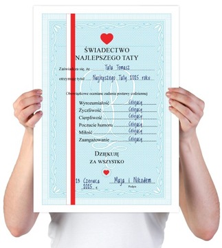 ŚWIADECTWO A4 dla NAJLEPSZEGO TATY Dzień Ojca PREZENT DYPLOM szkolny A4