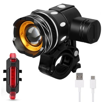LAMPKA ROWEROWA KOMPLET ZESTAW LED CREE T6 PRZÓD TYŁ 3 TRYBY ZOOM AKU USB