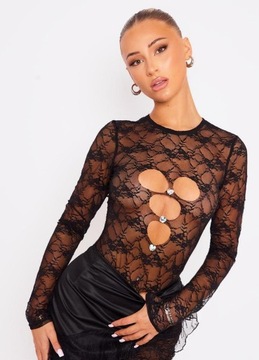 PRETTYLITTLETHING CZARNE KORONKOWE BODY ZDOBIENIE SERCE MHB NG4__M