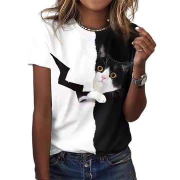T-SHIRT DAMSKI KOSZULKA WZÓR 3D KOTEK FULLPRINT