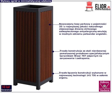 NOWOCZESNY OGRODOWY KOSZ NA ŚMIECI 35L PALISANDER