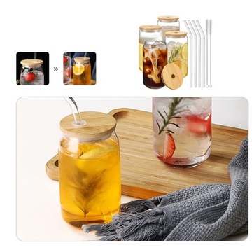 4*МНОГОФУНКЦИОНАЛЬНЫЙ НАБОР СТЕКЛЯННЫХ КРУЖЕК ДЛЯ СОКА С КРЫШКОЙ И СОЛОМОЧКОЙ 500 МЛ