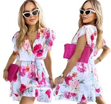 KOBIECA SUKIENKA mini kopertowy DEKOLT modna stylowa PRINT kwiaty
