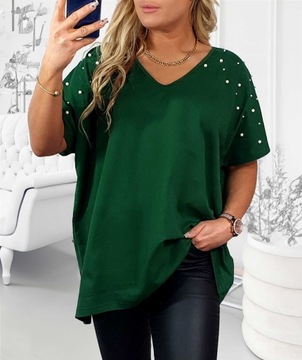 T-SHIRT KOSZULKA BAWEŁNA perły perełki V dekolt oversize plus size T31