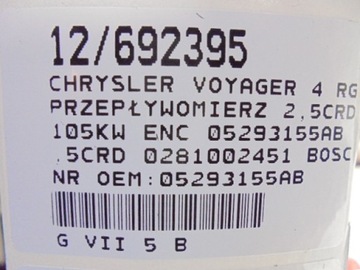 CHRYSLER VOYAGER 4 IV VÁHA VZDUCHU 05293155AB 2,5CRD 0281002451