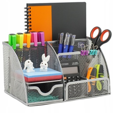 Metalowy przybornik na biurko siatka srebrny 5 komór