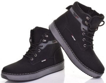 MĘSKIE BUTY ZIMOWE BOTKI EKOSKÓRZANE CZARNE ŚNIEGOWCE OCIEPLANE