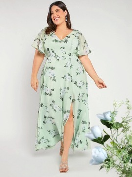 SHEIN MIĘTOWA SUKIENKA MAXI W KWIATY Z ROZCIĘCIEM DRUHNA 4XL 03421