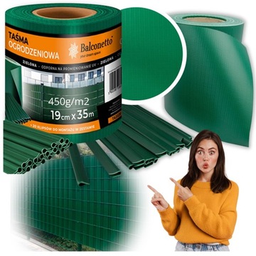 TAŚMA OGRODZENIOWA NA PANELE 450g/m 19cm x 35m ZIELONA +KLIPSY MOCUJĄCE