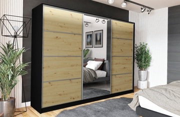Szafa do sypialni przesuwna VIP 270 cm artisan z lustrem i ozdobnymi paskam