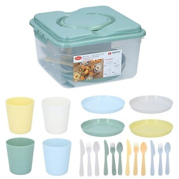 ZESTAW NACZYŃ PIKNIKOWYCH plastikowe miski talerze kubki TURYSTYCZNE 21el.