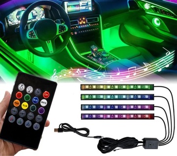 OŚWIETLENIE LED WNĘTRZA AUTA POJAZDU RGB USB PILOT