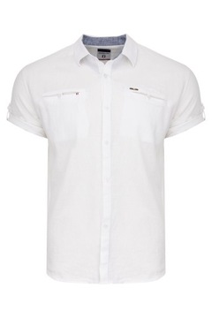 KOSZULA MĘSKA LNIANA KRÓTKI RĘKAW GŁADKA BIAŁA KIESZONKI CASUAL 80% LEN 3XL