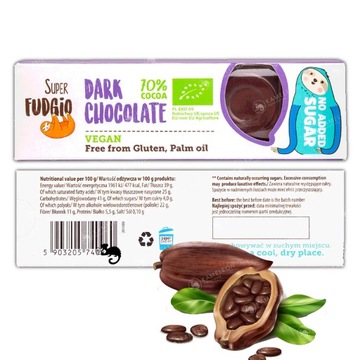 BATON CZEKOLADA CIEMNA 70% BEZ CUKRU GLUTENU OLEJU PALM. 40g Super FUDGIO