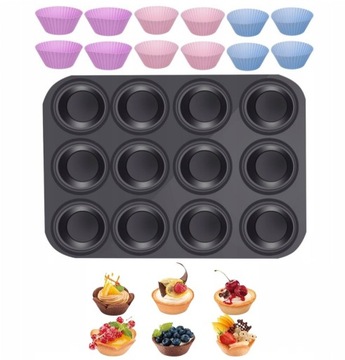 FORMA BLACHA DO PIECZENIA BABECZEK MUFFINEK + 12 FOREMEK SILIKONOWYCH 700B