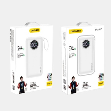 Powerbank 10000mAh USB-A USB-C z kablem iPhone Lightning i USB-C biały