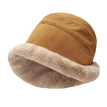 Zimowa czapka typu Bucket dla kobiet Pluszowy karmel