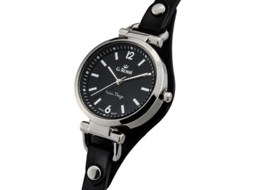 Srebrny czarny zegarek damski na skórzanym pasku elegancki na prezent