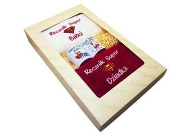 Duże ręczniki z haftem + kubki, Dzień Mamy Babci, Dziadka, prezent.