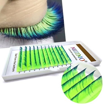 Neonowe Kolorowe Rzęsy 8-13mm, curl D, 12 pasków ZIELONE OMBRE NEON