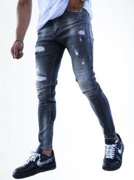 SPODIE JEANSOWE SKINNY FIT Z Uszkodzeniami Modne Męskie Ciemne Szare i8 31