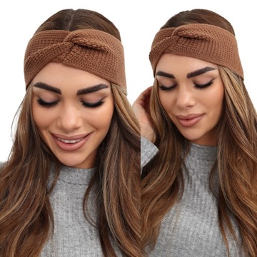 OPASKA DAMSKA NA GŁOWĘ USZY NAUSZNIKI TURBAN CZAPKA CIEPŁA SZEROKA KARMEL