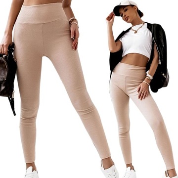 Legginsy prążkowane Z WYSOKIM STANEM sportowe proste elastyczne modne S/M